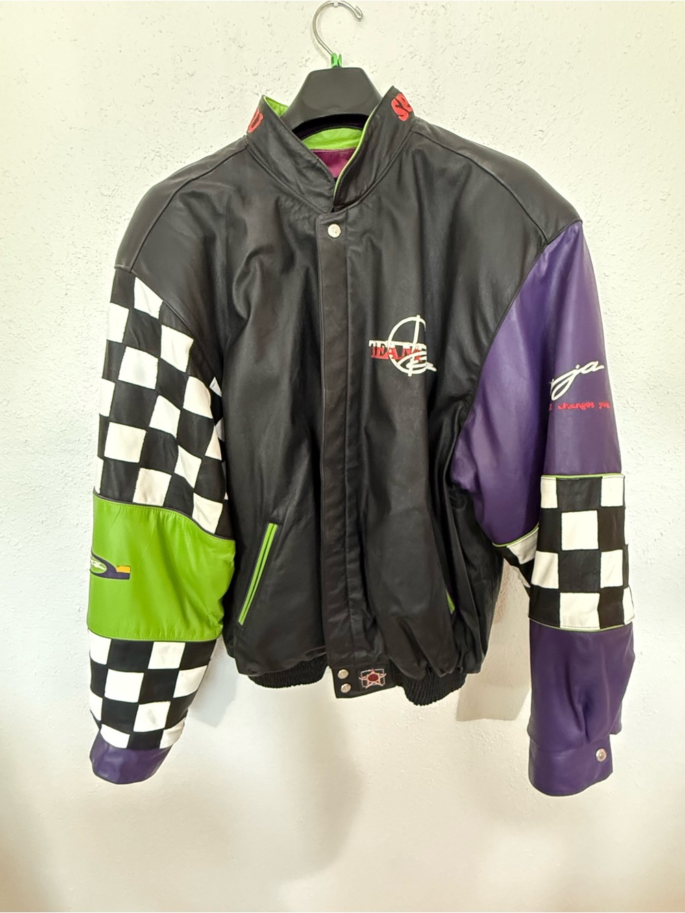 Black Leather Bomber Jacket with Purple & Green Racing Panels - Baja